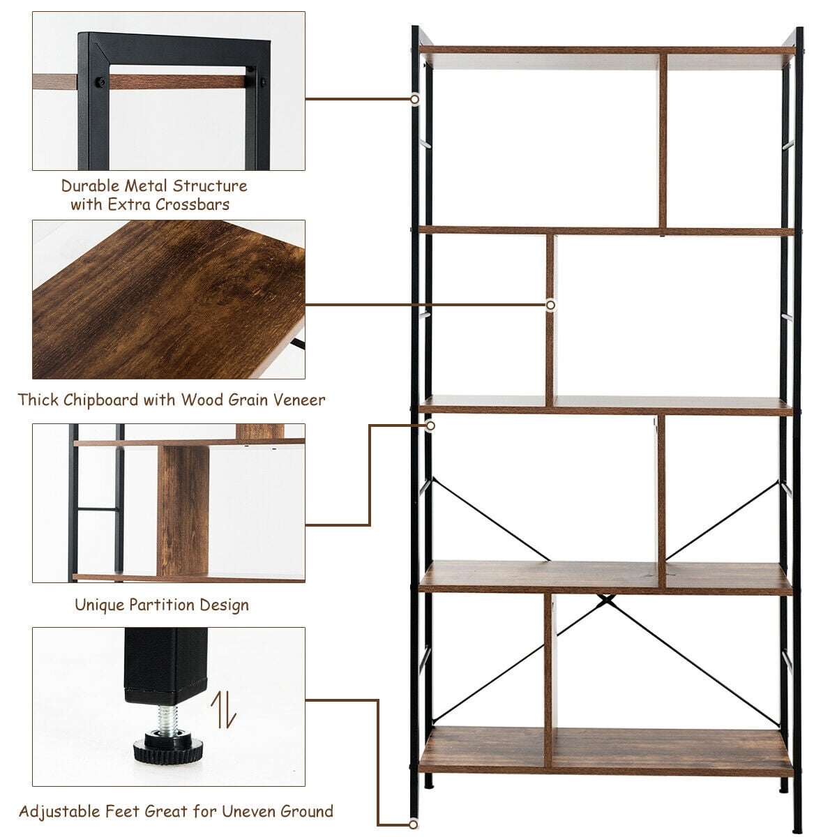 Gymax 4 Tier Bookcase, Brown/Black
