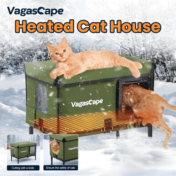 Vagascape Heated Cat House with Dual Doors - All-Weather Protection for Indoor & Outdoor Comfort, Green