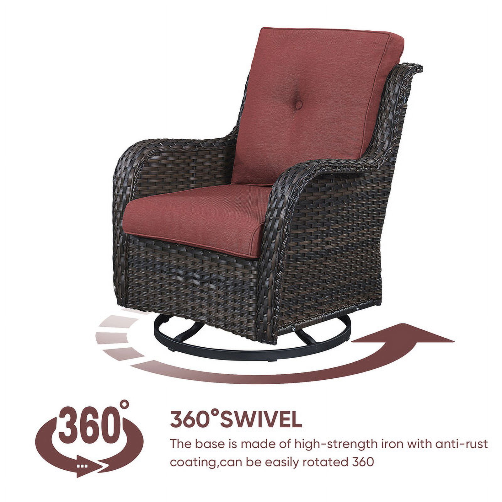 PARKWELL 3-Piece Outdoor Swivel Gliders with Thick Cushions and Side Table - Rattan Wicker Bistro Furniture Set - Brown Wicker and Red Cushion