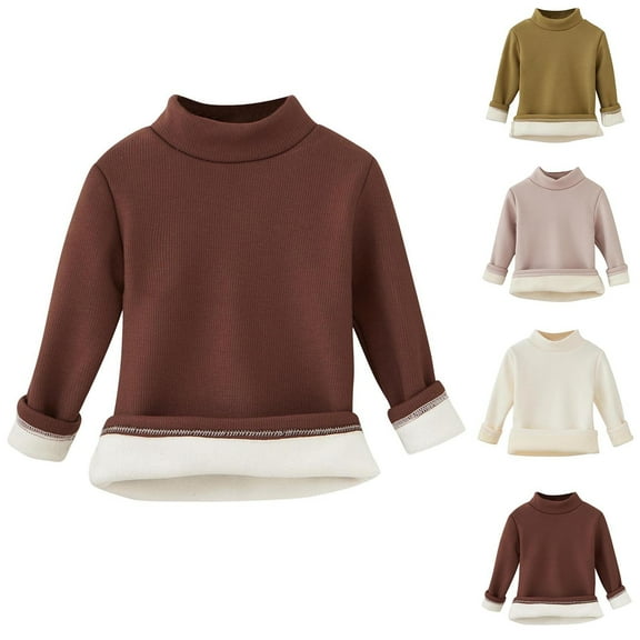 Swuxness Toddler Fleece Long Sleeve Shirt, Toddler Fall Tops, Kids Solid Color High Neck Fleece Warm Lined Pullover Top for Girls and Boys Coffee, 2-3 Years