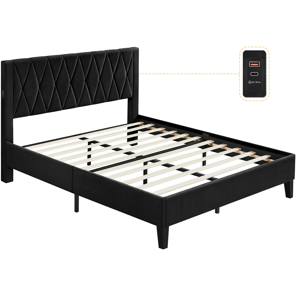 Topeakmart Queen Size Upholstered Platform Bed with Built-In USB Ports & Tufted Headboard, Black - image 2 of 9