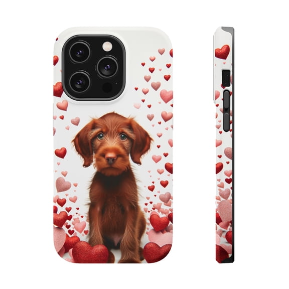 DistinctInk Tough Case for Apple iPhone 15 Pro MAX (6.7" Screen), Compatible with MagSafe Charging - Valentine's Day Wirehaired Vizsla Puppy