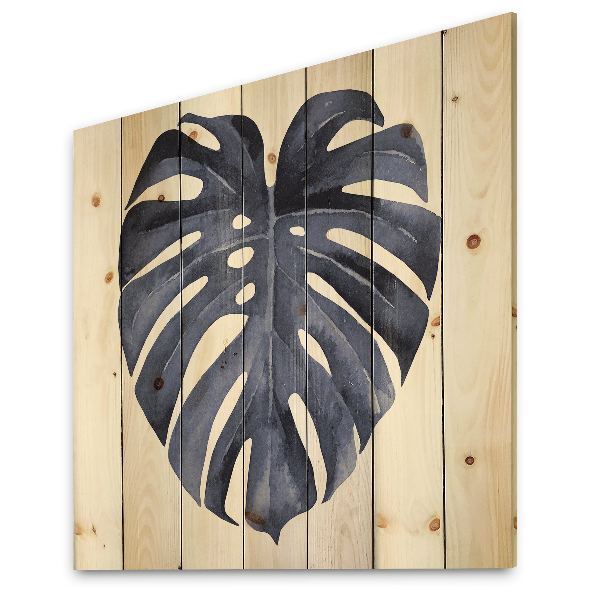 Designart 'Blue Watercolour Tropical Leaves III' Traditional Print on Natural Pine Wood