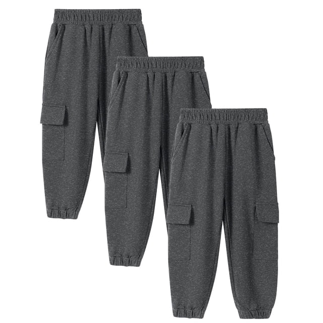 Pantalones deportivos largos para niños, 3 piezas, color sólido, cintura elástica con bolsillos laterales, ajustados, de poliéster