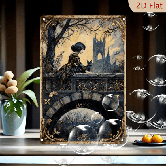 Gothic Vintage Art Print 8x12 Inches, Victorian Lady on Bridge with Black Cat, Dark Cathedral Landscape, Ornate Border Wall Decor for Home Office