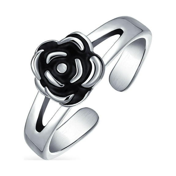 Bling Jewelry Womens Black Rose Flower Midi Toe Ring Oxidized Silver Band