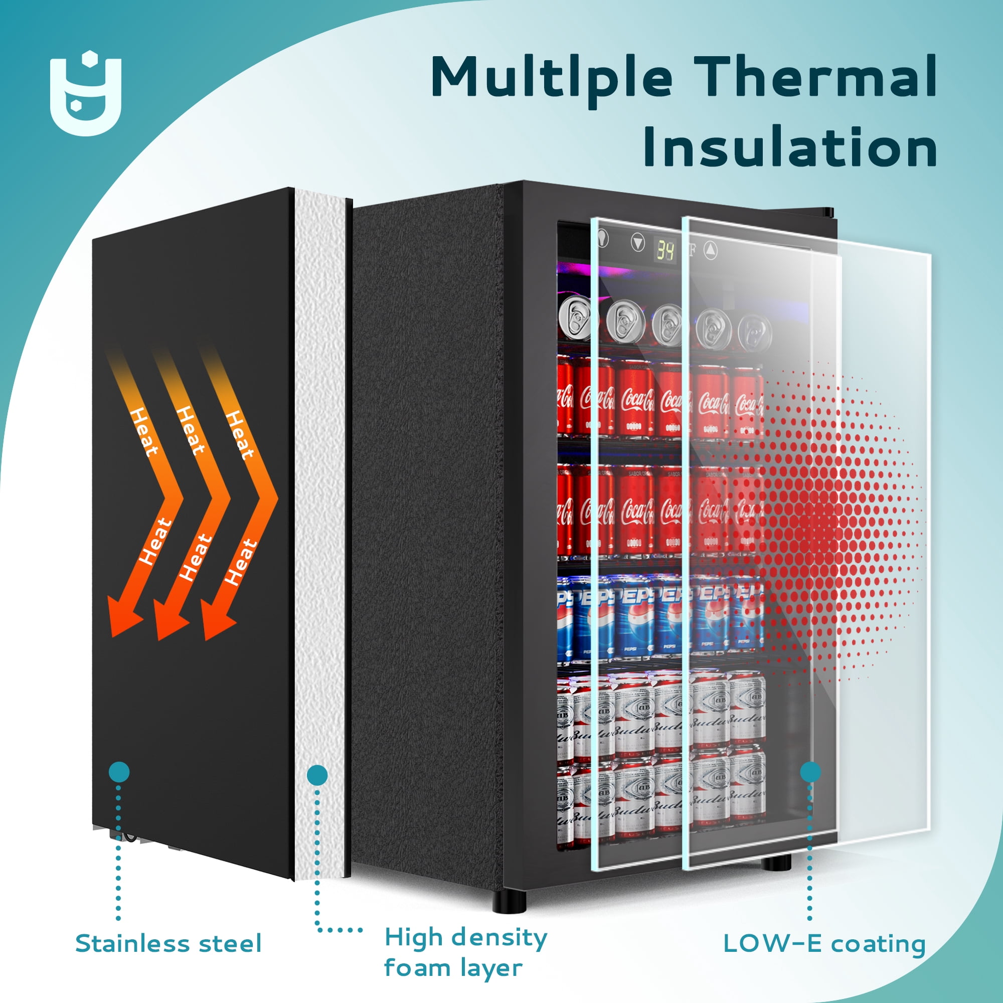 EUHOMY 150 Can Beverage Refrigerator and Mine Cooler with Glass Door with Adjustable Shelves
