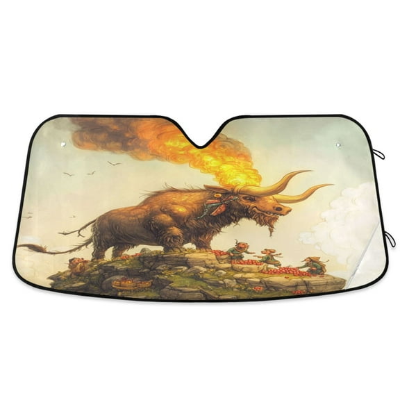 Qxltty Great Fire Cow Pattern Car Windshield Sunshades Foldable UV Rays Sun Visor Protector Keep Your Vehicle Cool 53×23.5in