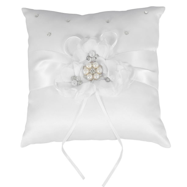 Cojín para anillos de boda de 20 x 20 cm con flores de perla (flor blanca)