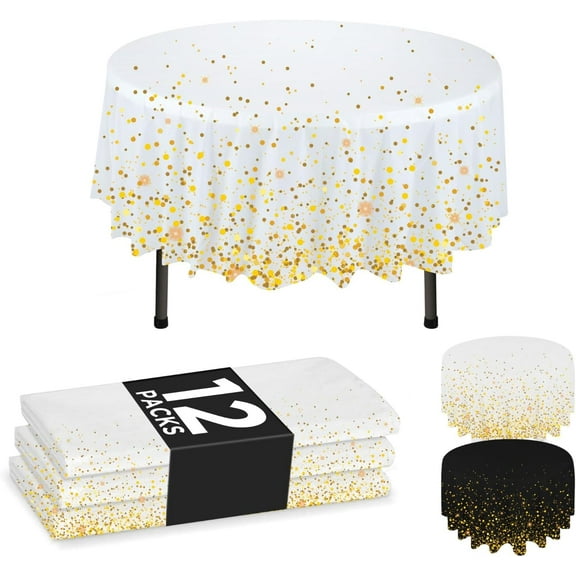 EnjinZZ 12-Pack White Disposable Plastic Tablecloths, 84" Plastic Table Cloth, Round Table Cover Gold CONFETY (12, White Gold)