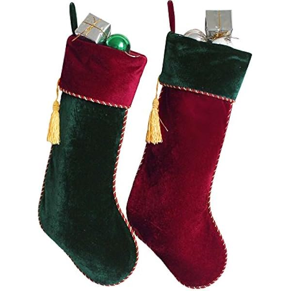 wonima02 Gireshome Set of 2 Pcs Burgundy & Green Velvet Vintage with Tassel Christmas Stocking, Xmas Tree Decor Festival Party Ornament -10"x18"