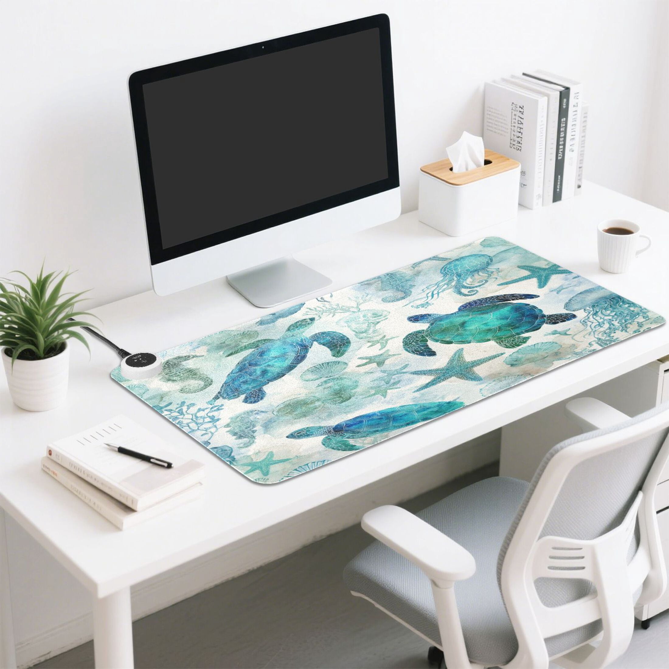 Large Heated Desk Mat Mouse Pad 31.5"x13"PU Leather Graphene Heating Desk Warmer with 3 Temperature Settings 110V US Plug Non-Slip Warm Pad for Home, Office, and Gaming Green Adorable Sea Creatures