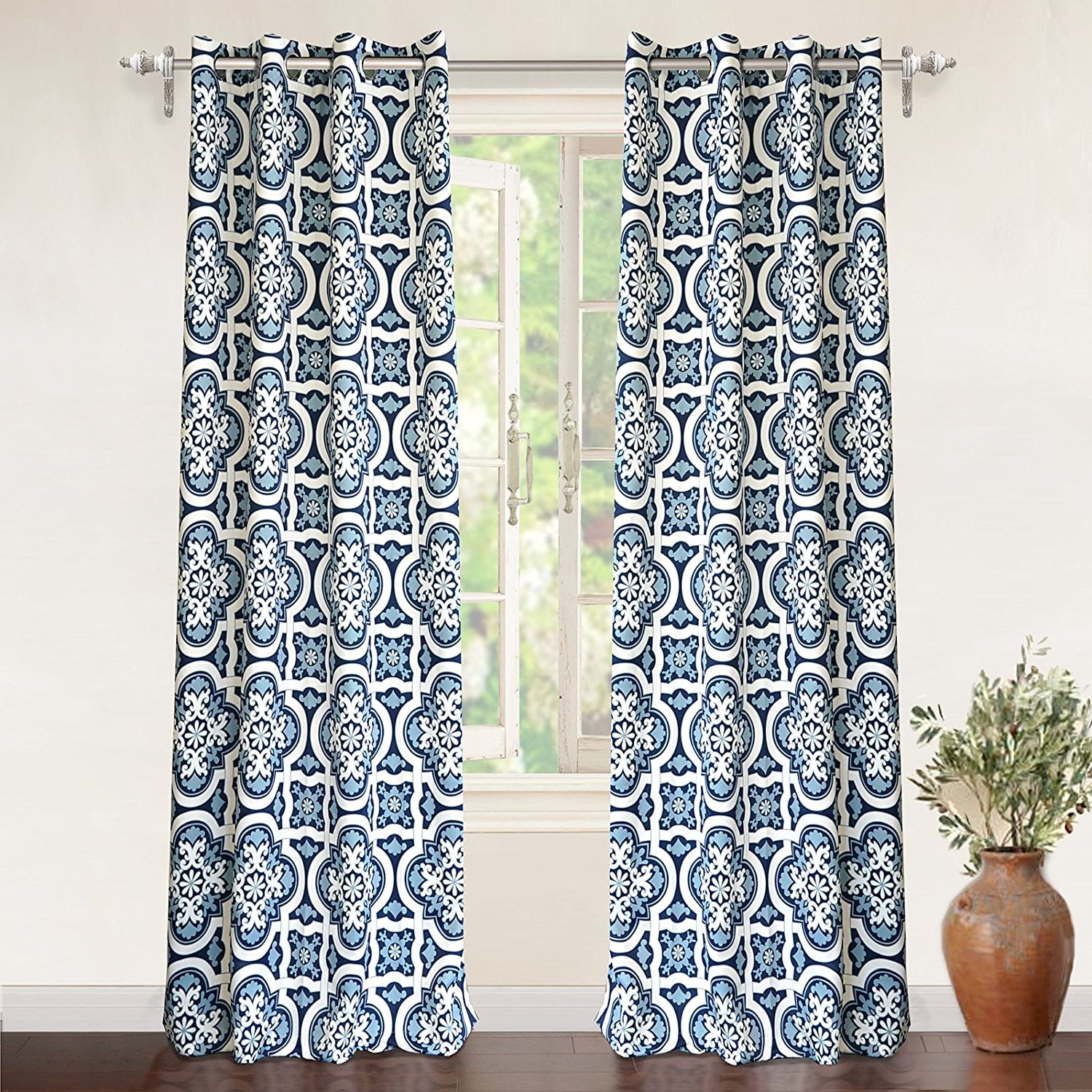 Each 52”x84” Wells International Set of Two Panels Aqua DriftAway Floral Trellis Room Darkening/Thermal Insulated Grommet Unlined Window Curtains 