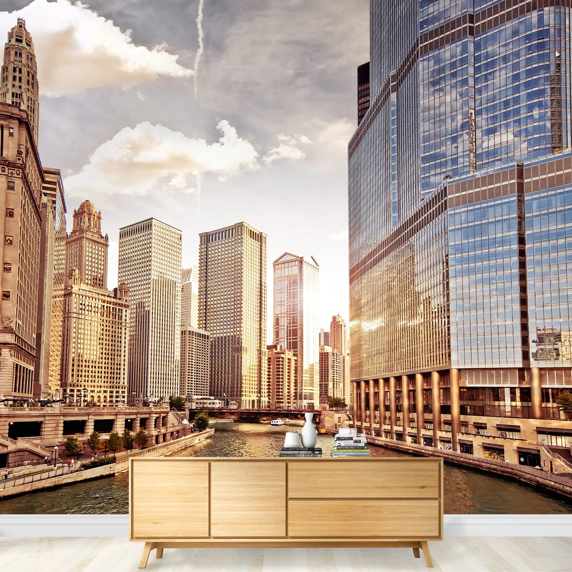 wall26 - Chicago Skyline at Sunset - Removable Wall Mural | Self