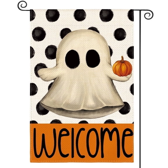 Sm:)e Polka Dot Welcome Ghost Halloween Garden Flag 12 x 18 Inch, Double-Sided Printing, Outdoor Welcome Decor for Yards