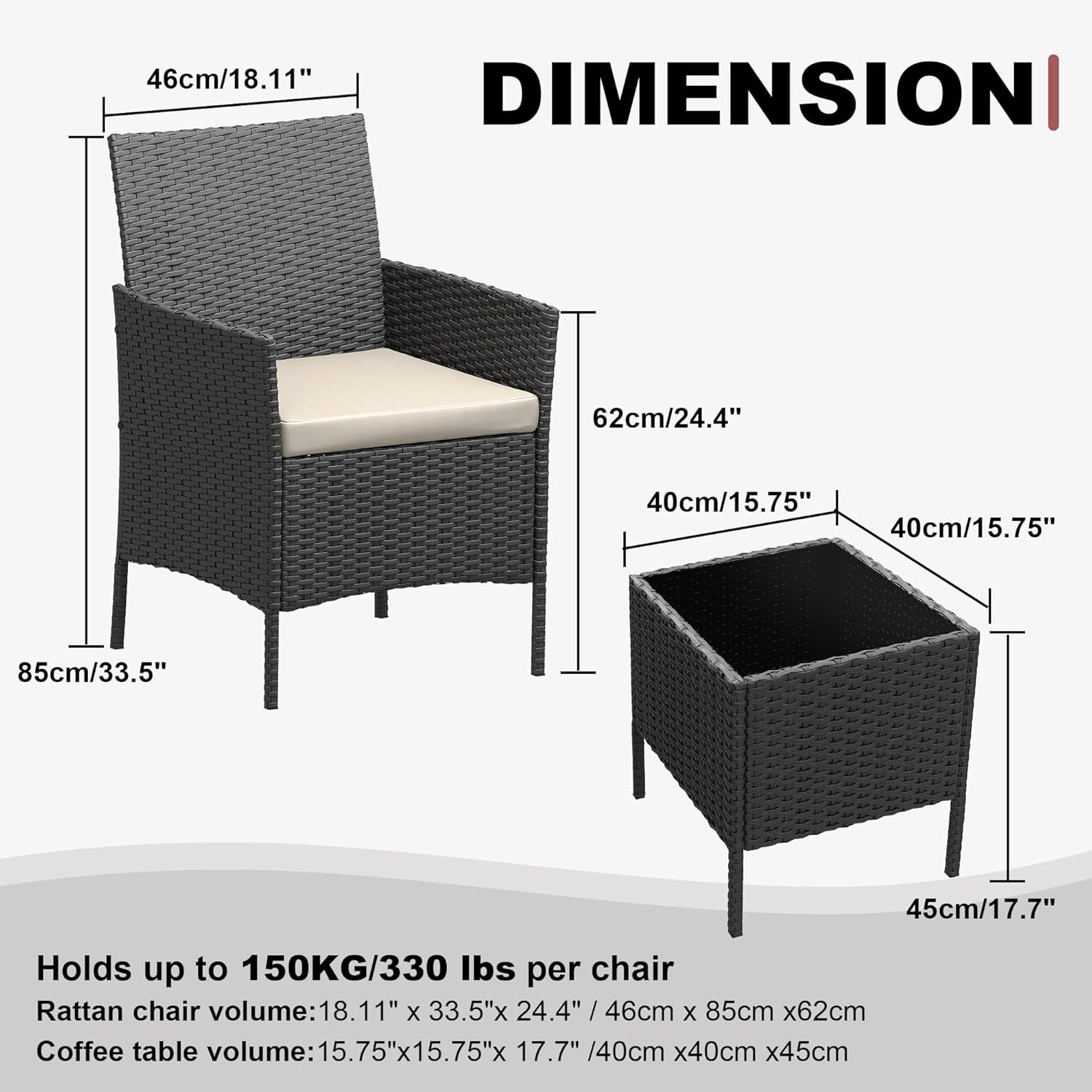 IdealHouse 3 Piece Patio Furniture Set, Rattan Outdoor Furniture with 2 Chairs & Coffee Table, Modern Outdoor Seating Conversation Bistro Set for Garden Backyard Porch (Black and Beige)