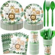 Jungle Theme Disposable Tableware (280 Pcs) – 40-Serve Safari Animal Paper Plates/Cups/Napkins + Plastic Utensils for Baby Shower Birthday.