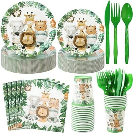 Jungle Theme Disposable Tableware (280 Pcs) – 40-Serve Safari Animal Paper Plates/Cups/Napkins + Plastic Utensils for Baby Shower Birthday.