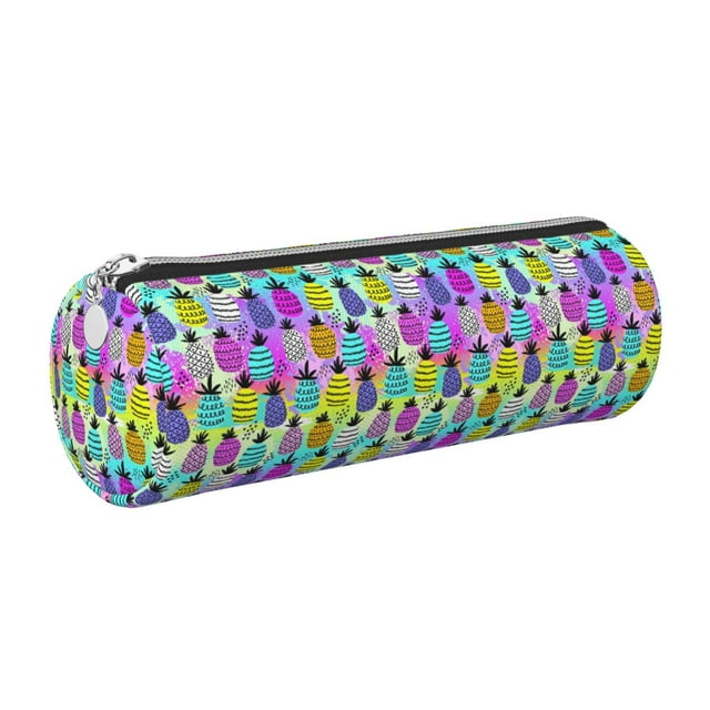 Bingfone Graffiti Pineapples Pattern Leather Cylindrical Pencil Case, Large Capacity Zippered Stationery Pencil Case Storage Bag, Suitable for Campus, Office, Unisex