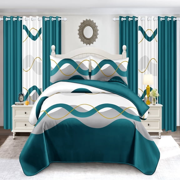 Modern Teal & Gold Wave Comforter Set – 3-Piece Soft Microfiber Bedding with Pillow Shams, All-Season Bedroom Decor(Quen)