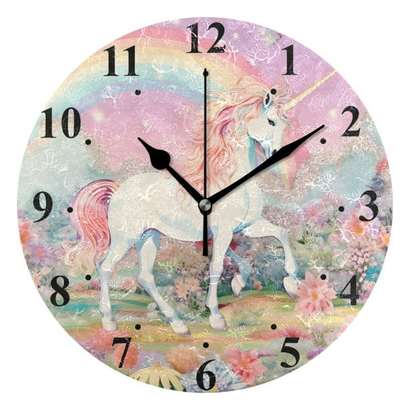 Unicorn Flowers with Rainbow Black 10 inch Wall Clocks Non Ticking Easy to Read Battery Decorative for Home Bathroom Kitchen Bedroom Living Room