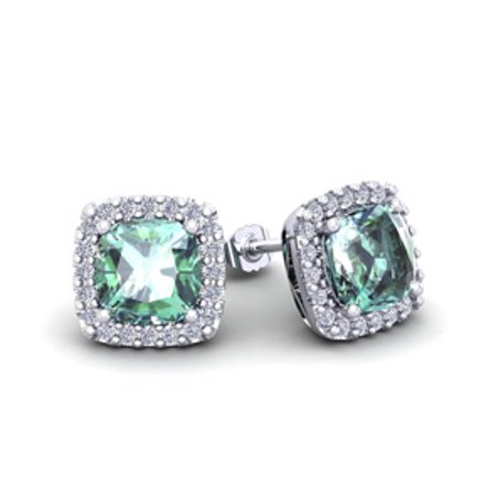 2 Carat Cushion Cut Green Amethyst And Halo Diamond Stud