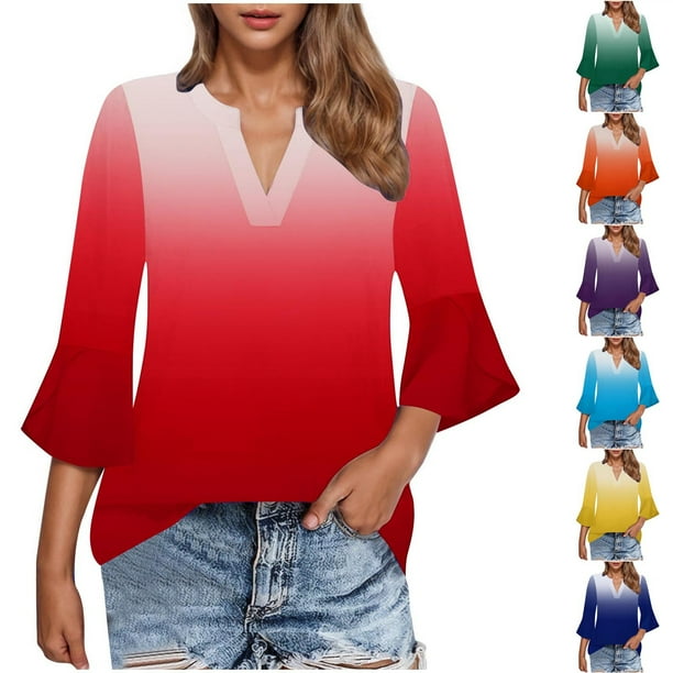 Pantalones cargo para mujer,Blusa informal lisa con cuello en V y mangas 3/4 acampanadas para mujer, poliéster, ligera y cómoda, sopatenor