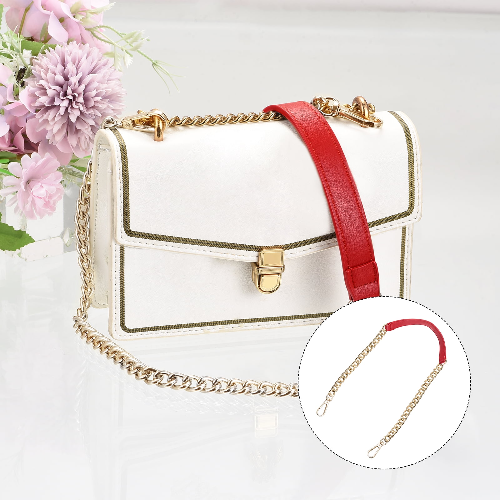 Unique Bargains Purse Leather Iron Flat Chain Strap Red Gold 1000x10x3mm