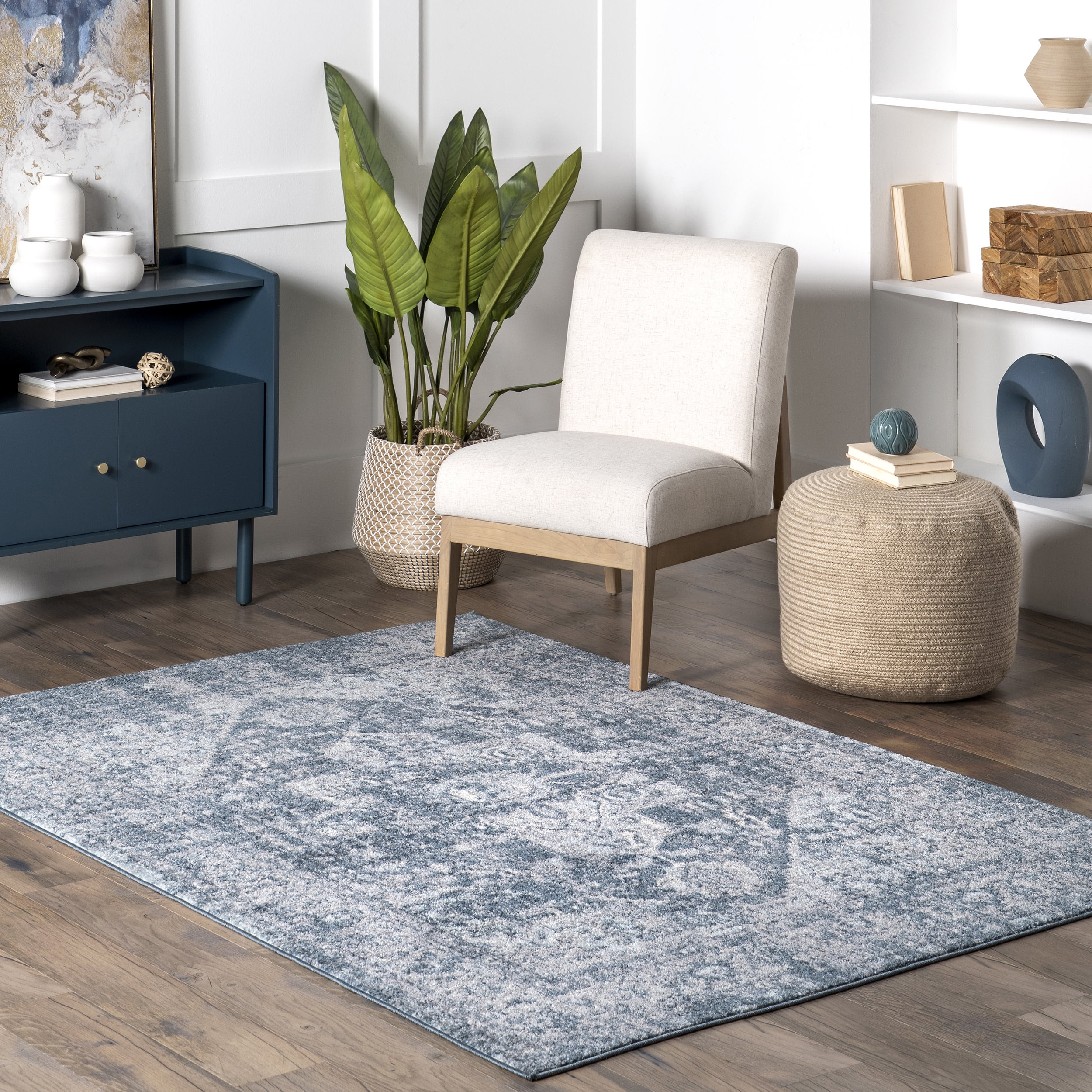 Blue 4' x 6' Synthetic Medallion Reversible Area Rug