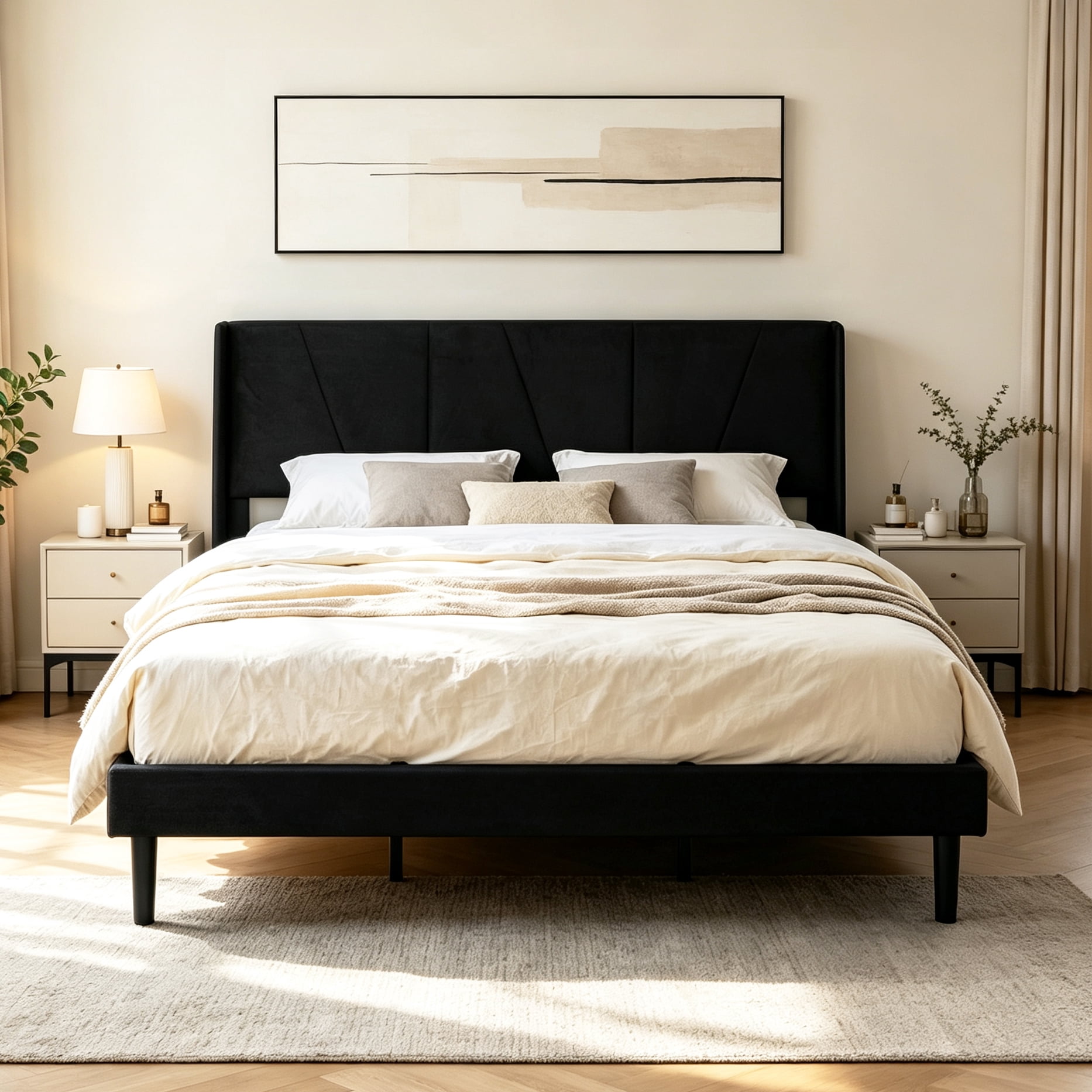 Gewnee King Size Bed Frame,Velvet Upholstery Platform Bed with Headboard,No Box Spring Needed,Black