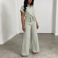 thumbnail image 2 of Morttic Women's Tie-Front Lapel Short Sleeve Shirt & High Waist Wide Leg Pants with Fashionable Vertical Stripe Set Green，S, 2 of 6