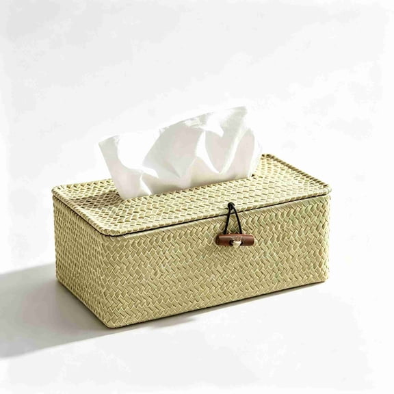 Tissue Box Cover Natural Seagrass Tissue Box, Rectangular Tissue Box Holder with Lid, Farmhouse Style Tissue Cover for Bathroom Toilet Living Room Bedroom Kitchen Table Desk Office Car