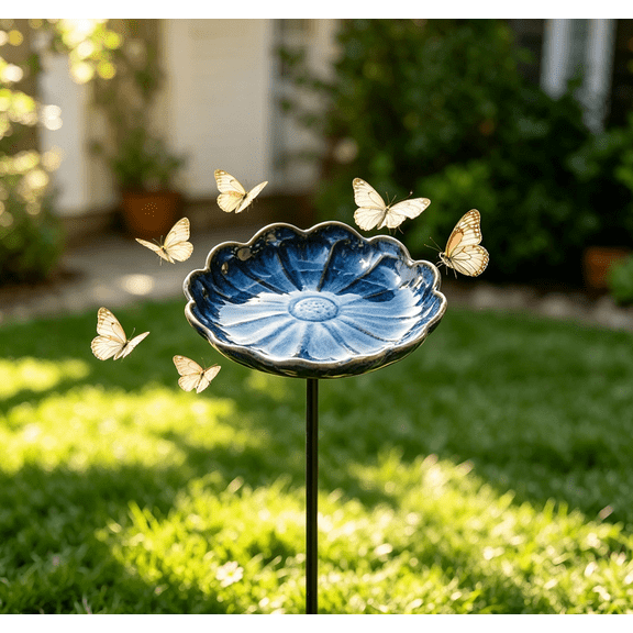 Glazed Ceramic Pollinator Waterer With Stake Floral Butterfly Feeder Outdoor Garden Bird Bath Yard Ornament For Patio Backyard Garden Decor