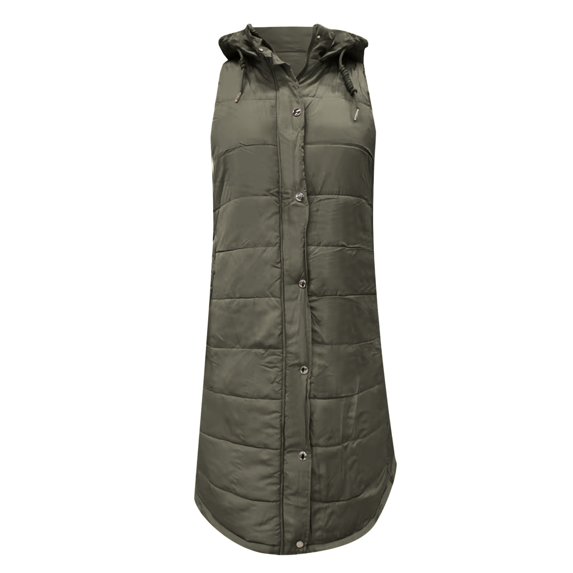 ZHOUCHANKIDS Long Vest for Women Sleeveless Winter Long Puffer Vest Lightweight Warm Zip Up Hooded Jacket Army Green XXL