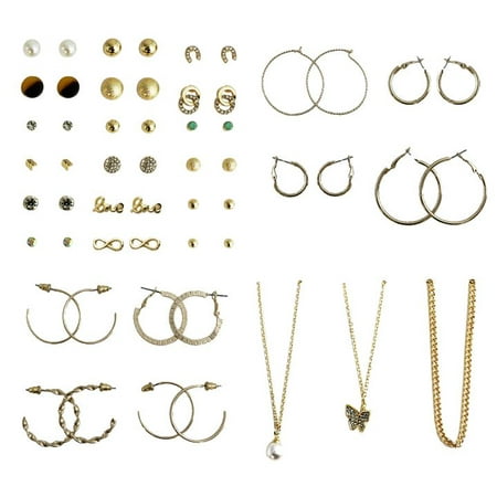 Time and Tru Earring and Necklace Jewelry Mega Pack with Storage Tray, 30 Piece
