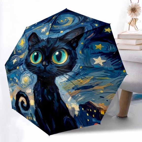 Impasto Starry Night Black Cat Print Automatic Folding Umbrella, Portable 8-Rib Windproof Rain Umbrella for Outdoor, Travel, and Daily Use