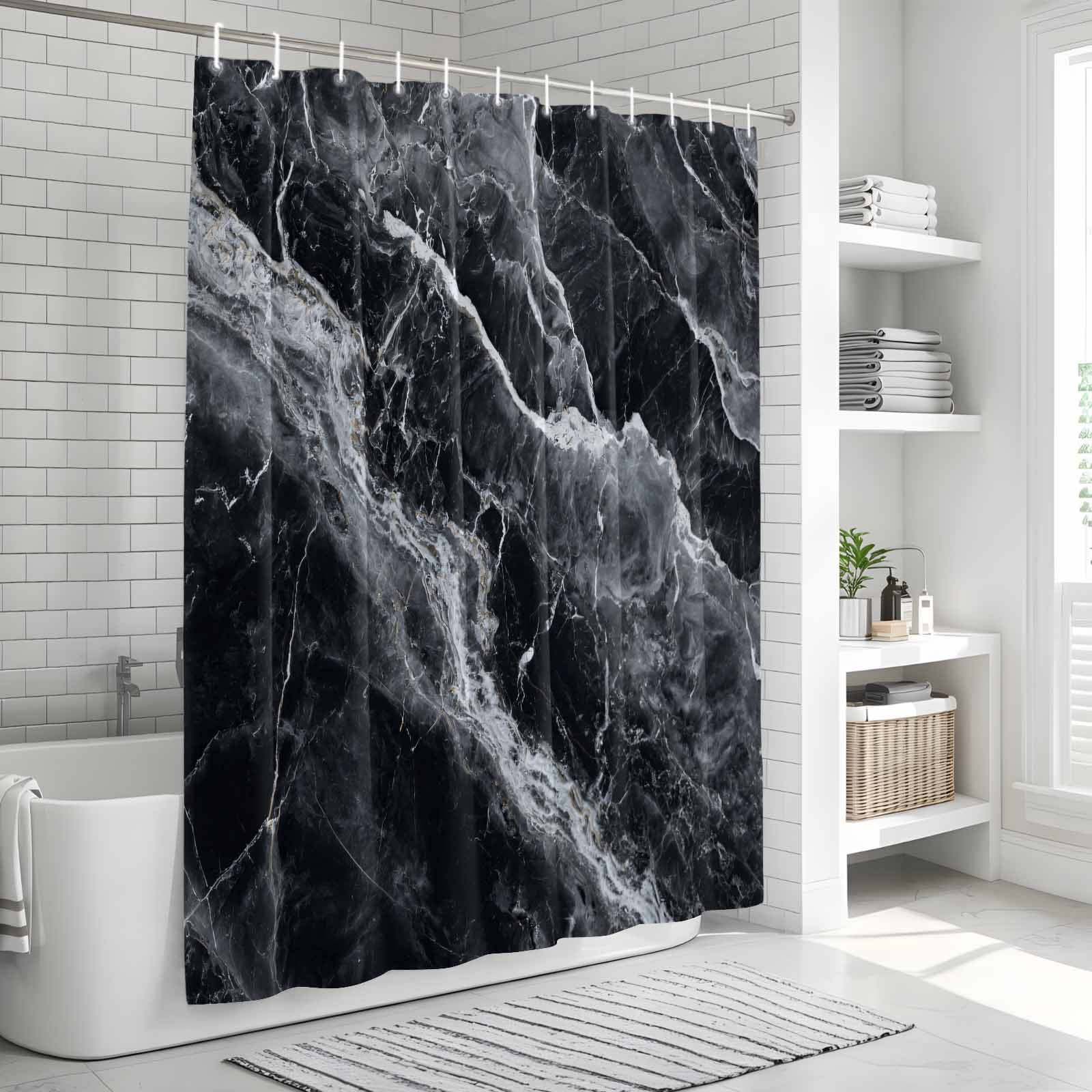 Shower Curtain Bathroom Set Abstract Marble Stone Texture Waterproof Fabric Shower Curtains with Grommets&Hooks, Black Privacy Bath Curtain for Bathtub 72x72in