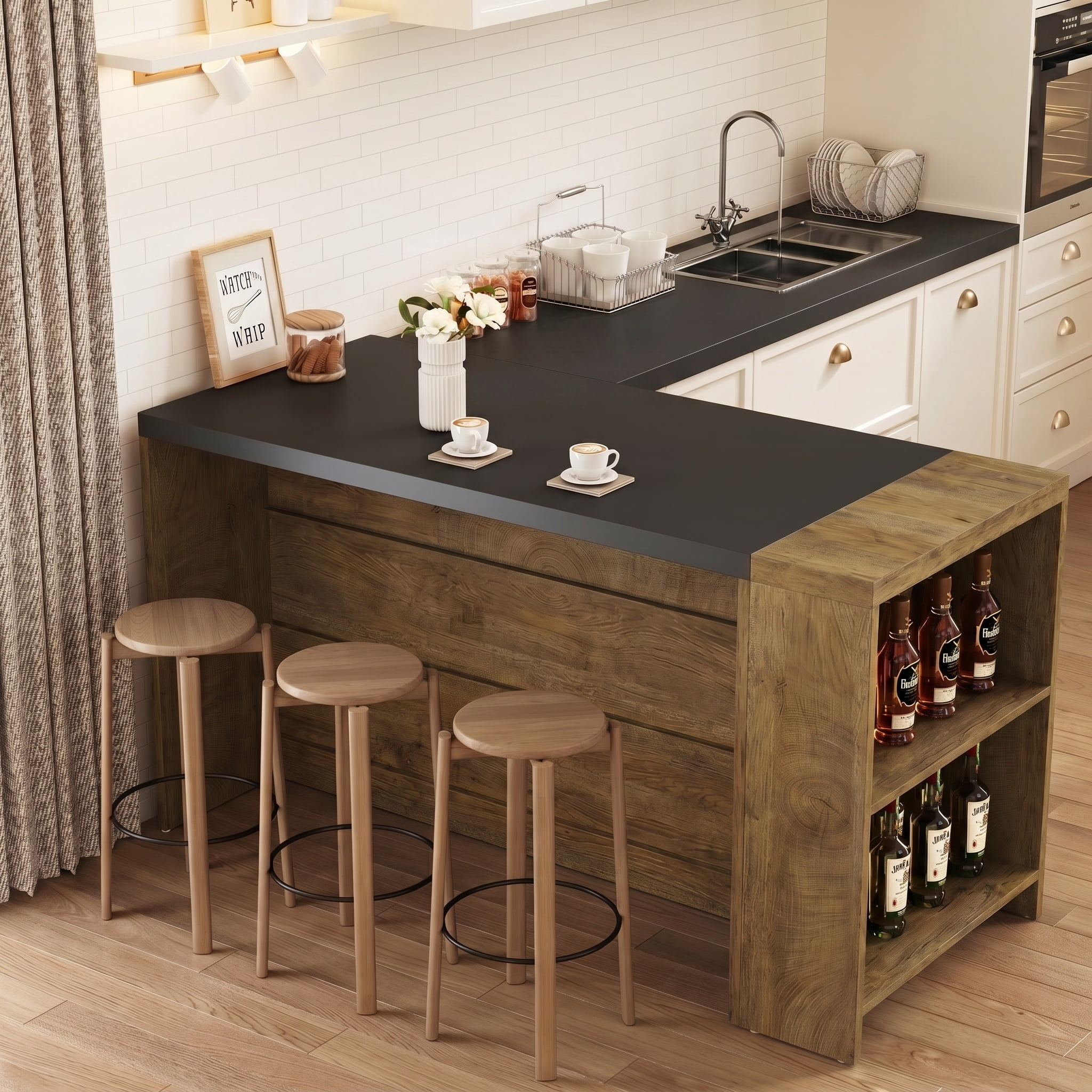 Fnova 55" Kitchen Island with 5 Shelves, Farmhouse Stationary Island Table, Large Stationary Storage Cabinet for Kitchen Dining Room, Vintage Brown