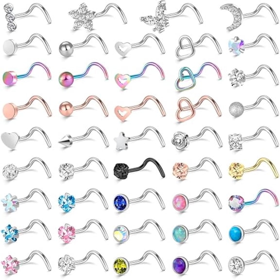 44 Pcs 18G/20G Nose Piercing Jewelry Collection | Surgical Steel Heart Butterfly CZ Studs | Hypoallergenic Gift Set for All Seasons