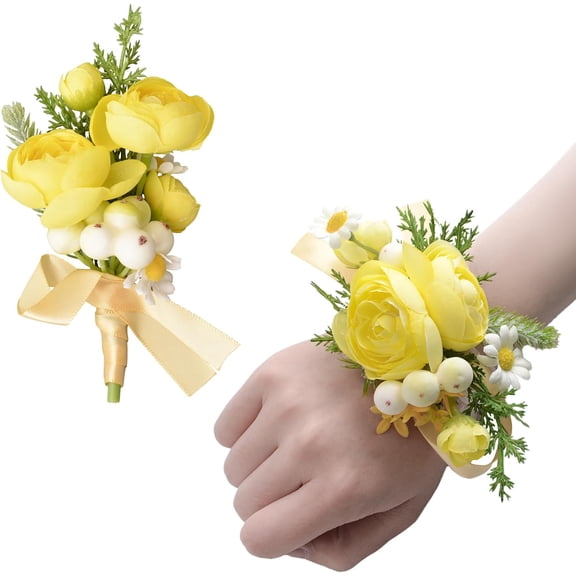 Wrist Corsage and Boutonniere Set, Artificial Light Yellow Ranunculus asiaticus Flower Hand Flower Set for Graduation Prom Wedding Party