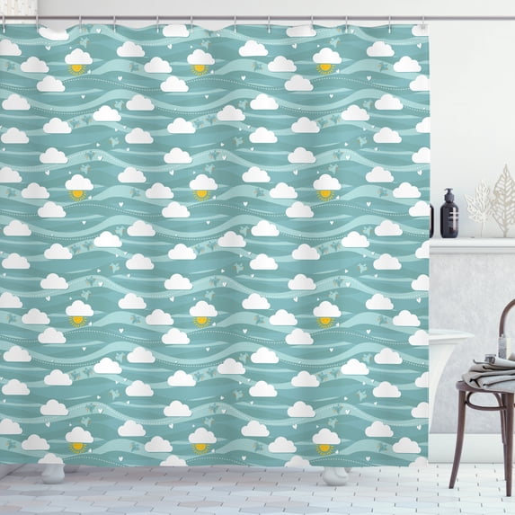 Yellow and Blue Shower Curtain, Summer Sky with Flying Birds Clouds and Sun Childish Cartoon, Fabric Bathroom Set with Hooks, 69W X 75L Inches Long, Teal Mint Green Yellow, by Ambesonne