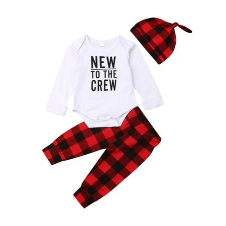 

Newborn Baby Boy Girl Xmas Clothes New to The Crew Romper+ Plaid Pants + Cute Hat 3Pcs Outfit Set