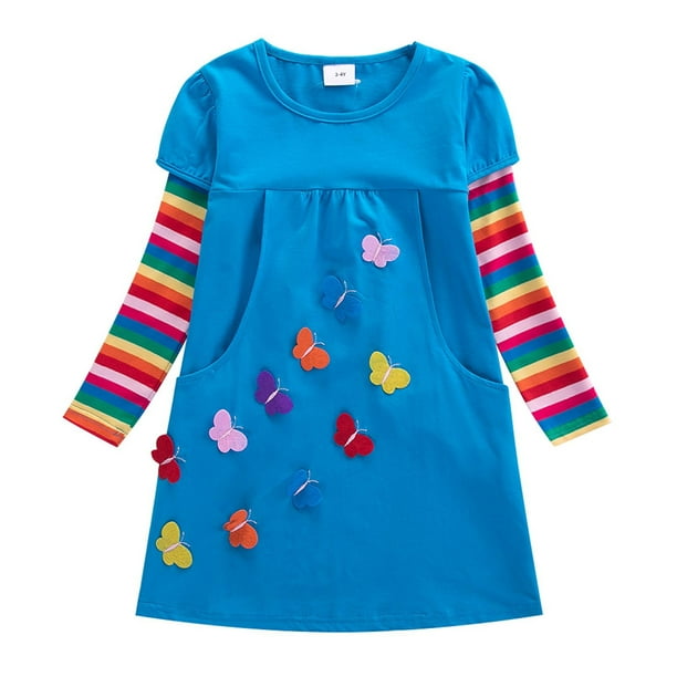 Vestido Para Niñas, Ropa Para Niñas, Ropa De Otoño Para Niños, Vestido De Manga Larga Con Bordado De Mariposa Y Arcoíris, Dos Bolsillos, Azul Odeerbi LM103-191