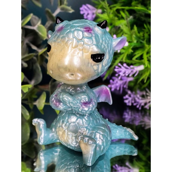 Whimsical Cute Blue Sulky Baby Dragon Wyrmling With Magenta Spots Mini Figurine
