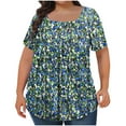 thumbnail image 3 of JURANMO Oversized Tshirts for Women Loose Fit Front Pleated Tunic Tops Casual Square Neck Short Sleeve Tees Shirt Fashion Floral Print Blouses Plus Size Pullover Green XL Back to College Sale, 3 of 6