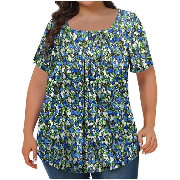 SYMOID Plus Size Shirts Tops for Women Oversized Floral Prints Women's Summer 2025 Leisure Short Sleeve Tunics Blouses,Green