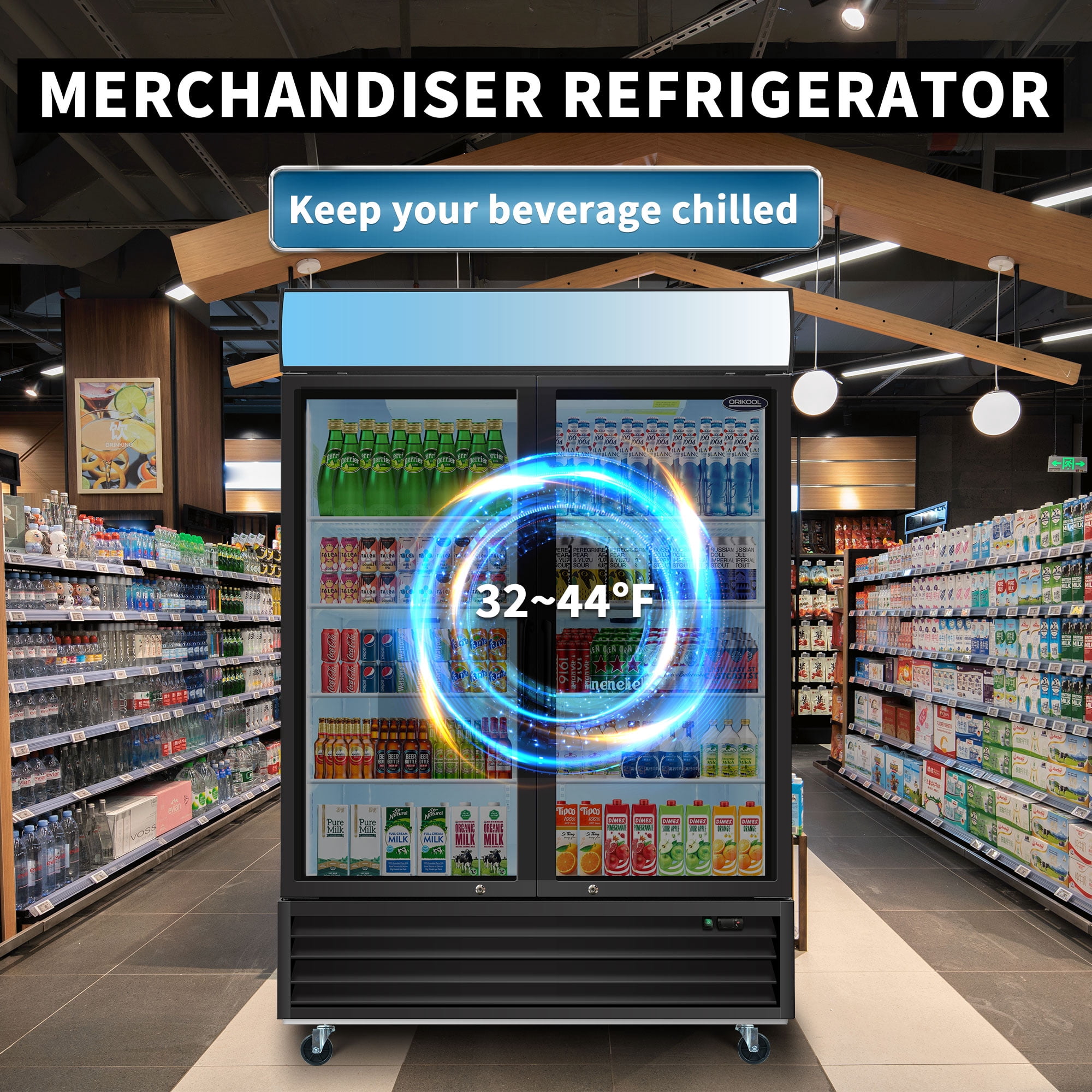 ORIKOOL 53 in Glass Door Merchandiser Refrigerator 44.7 Cu.ft Swing Door Commercial Display Refrigerators Merchandising Refrigeration with LED Top Panel