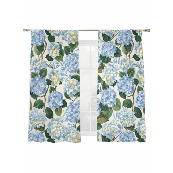 Blue Hydrangea Sheer Curtains 63 Inch Long 2 Panels, Floral Country Farmhouse Watercolor Light Filtering Rod Pocket Semi Sheer Curtains, Sheer Voile Drapes for Living Room Bedroom, 52"x63"