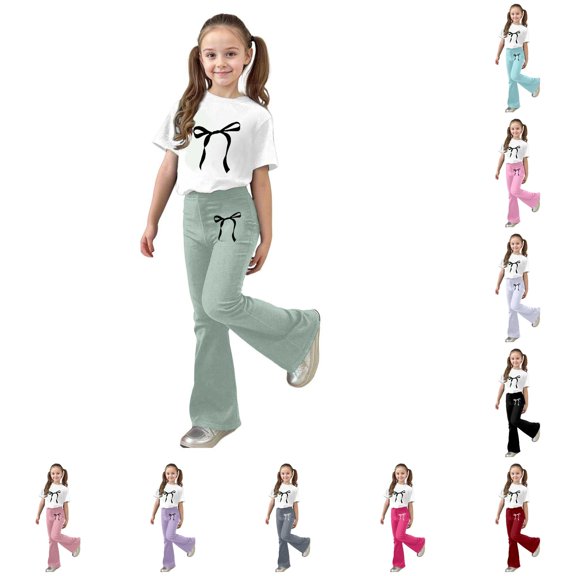 RUTAYY Girls 2 Piece Clothing Set Bow Print Short Sleeve Tops Flare Casual Pants Kids Tracksuit Light Green