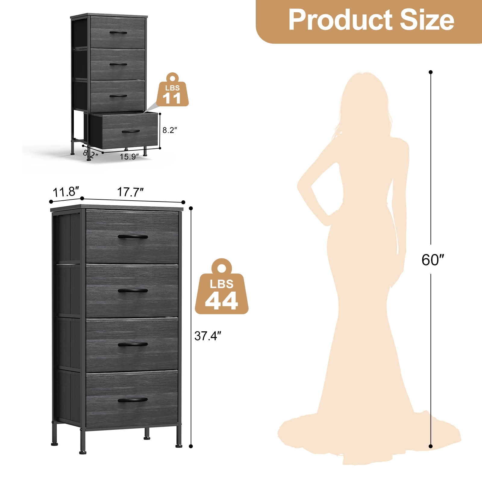 MAYEERTY Fabric Drawer Storage Cabinet with Wooden Top, Multifunctional Nightstand Dresser Sideboard Organizer for Bedroom Closet Hallway